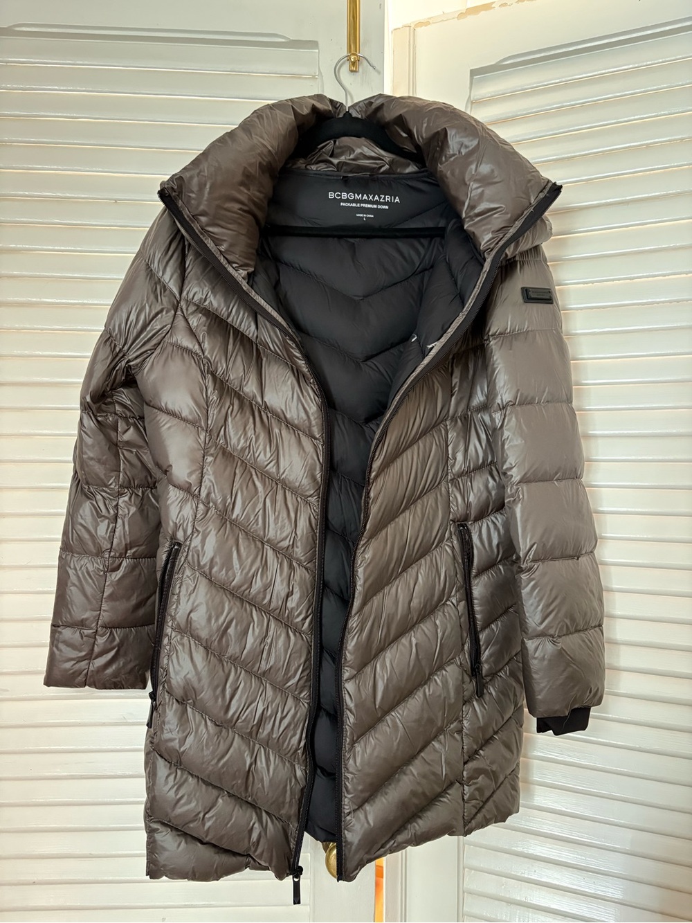 BCBGMaxAzria Hooded Gray Quilted Down Coat